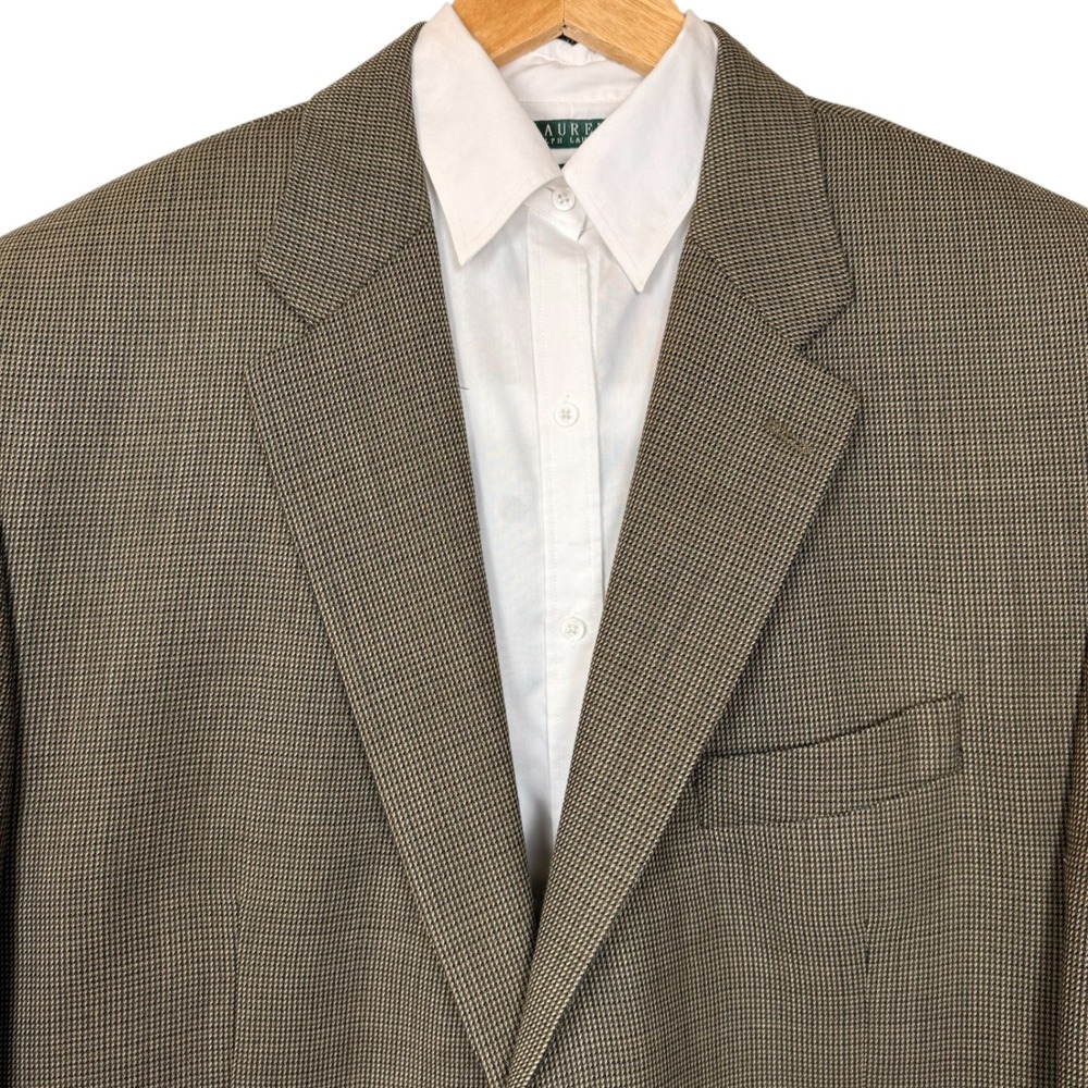 Vtg Lauren Ralph Lauren 100% Wool
Houndstooth Sport Coat 48R Tan Made in Canada